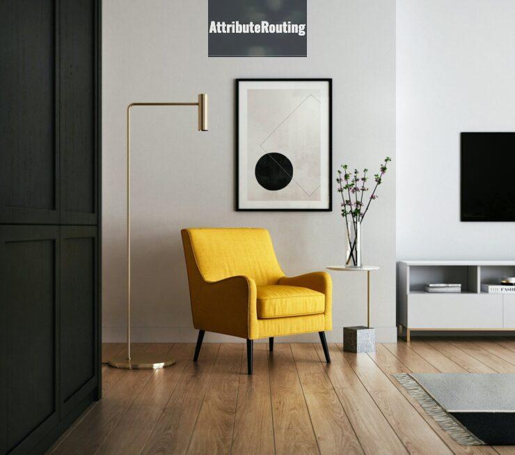 brown wooden framed yellow padded chair