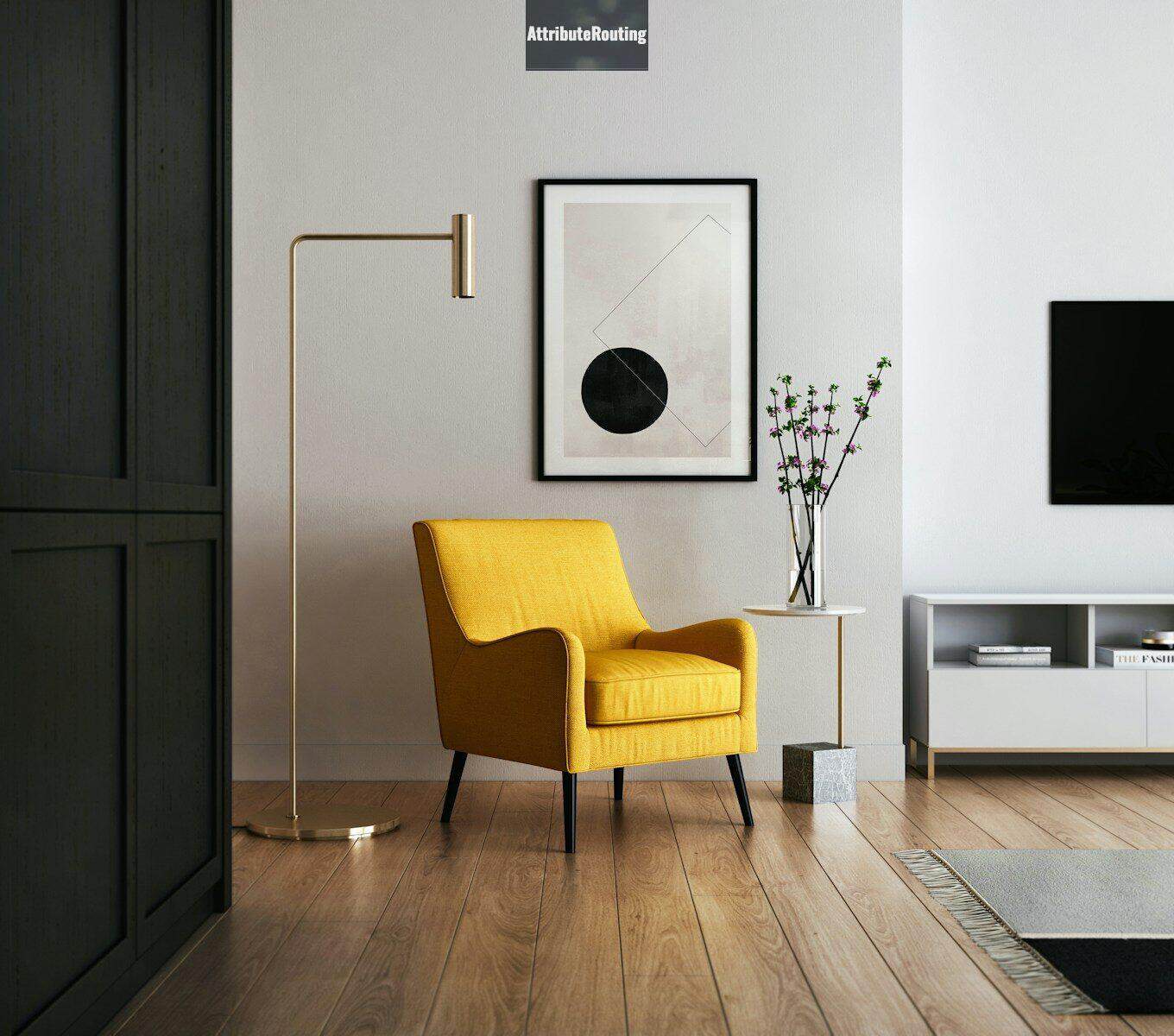 brown wooden framed yellow padded chair
