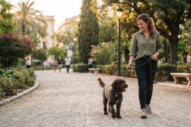 Perro paseando con correa y placa identificativa