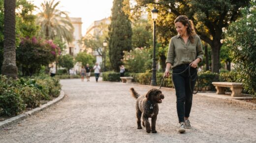 Perro paseando con correa y placa identificativa