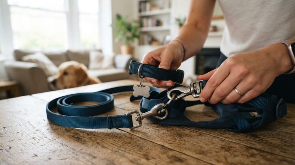 Revisión del collar, arnés y sistemas de seguridad de un perro